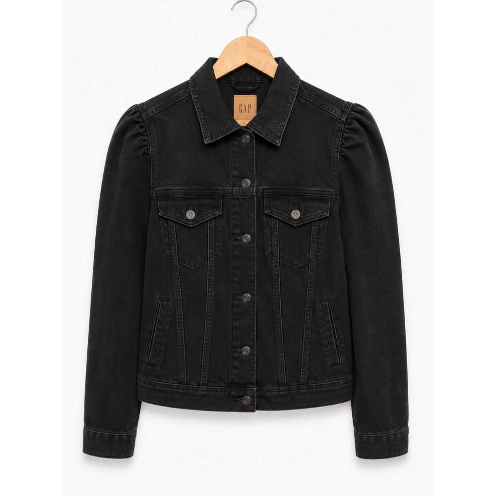 Gap Black Denim Jacket Women LT Puff Sleeve Stretch Trucker Jean Jacket